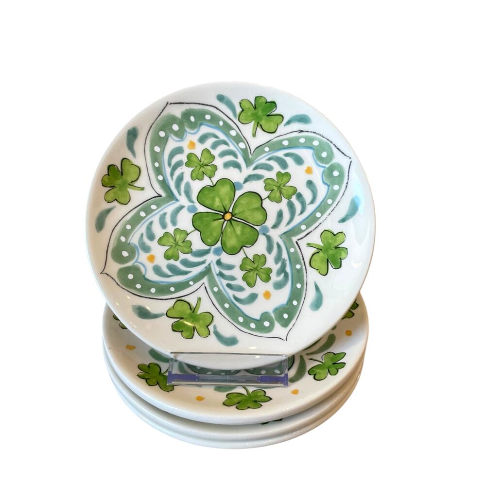 4pc Maxcera Shamrock St Patricks Appetizer Plates 6in Ceramic Green White New - Picture 2 of 5